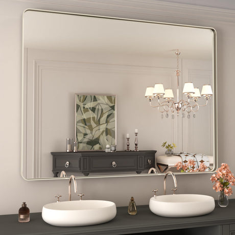 WEER 48X36 Inch Brushed Nickel Bathroom Mirror, Brushed Silver Metal Frame Mirror, Rounded Rectangle Silver Bathroom Vanity Mirror, Tempered Glass, Anti-Rust, Hangs Horizontally or Vertically WEER