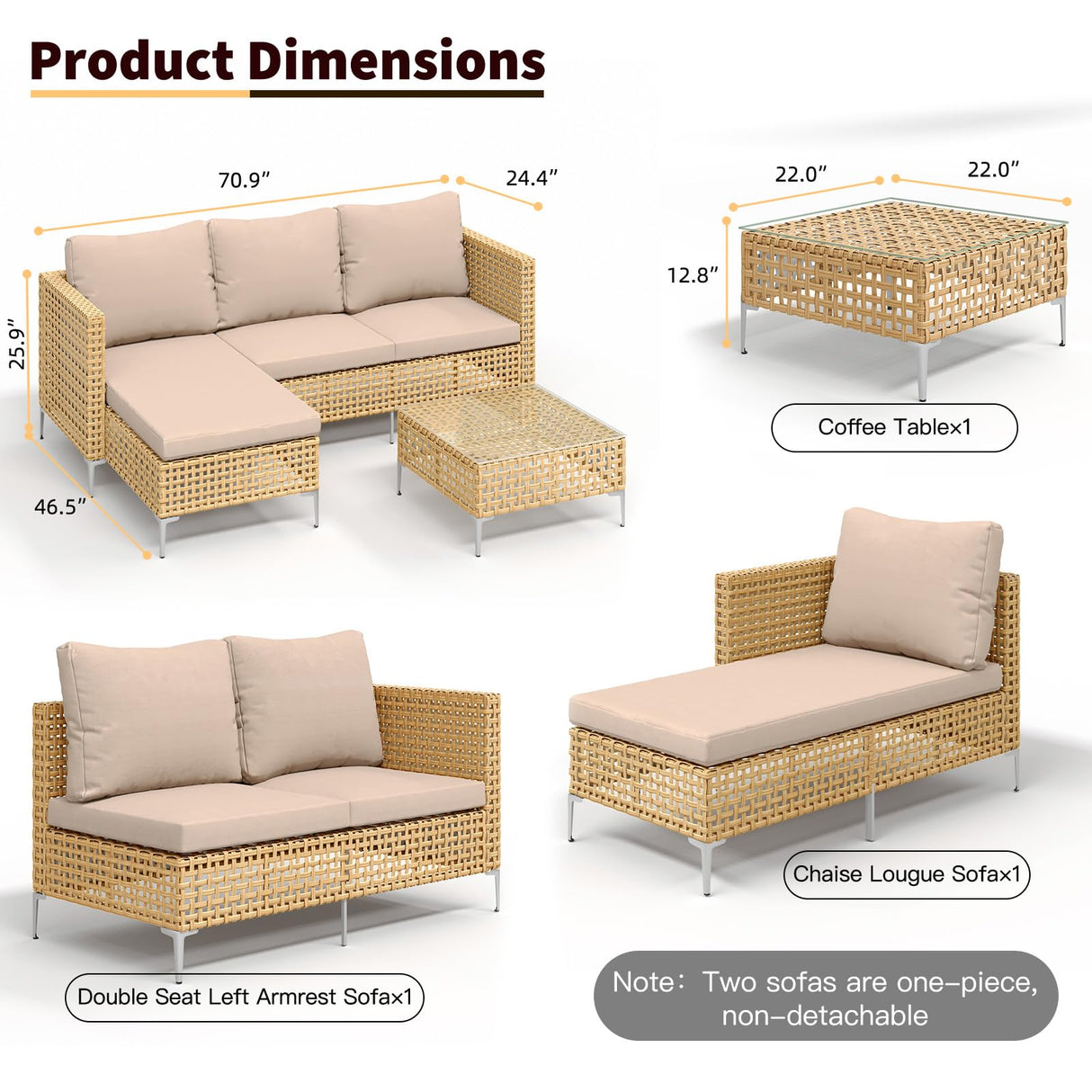 Ophelian 3 Piece Outdoor Furniture Set, Apartment Patio Sectional Furniture, Patio Chaise Sofa Sets with All Weather Manual Rattan, Perfect for Balcony, Porch, Lawn, Backyard (Yellow/Beige) Ophelian