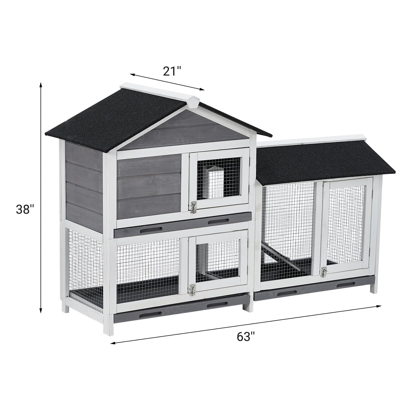 58'' Bunny Hutch Indoor with 3 Leak-Proof Trays, Waterproof Roof Rabbit Hutch Indoor/Outdoor, 2-Tier Wooden Bunny House/Chicken Coop, Gray and Black