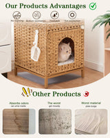 SETVSON Cat Litter Box Enclosure Hidden Litter Box Furniture with Metal Heightened Feet, Rattan Handwoven Cat House with Litter Mat, Hidden Litter Box Furniture for Bedroom Living Room Natural SETVSON