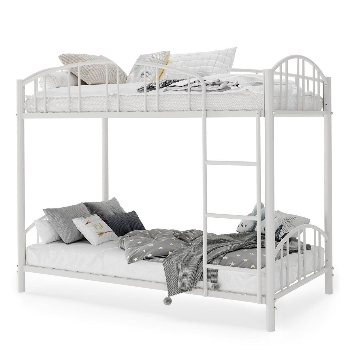 GarveeHome Metal Bunk Bed Twin Over Twin, Heavy Duty Bunkbeds Frame with Arched Guardrail and Safety Ladder, Sturdy Steel Bed for Kids Boys Girls, Space-Saving, No Box Spring Needed, Modern White GarveeHome