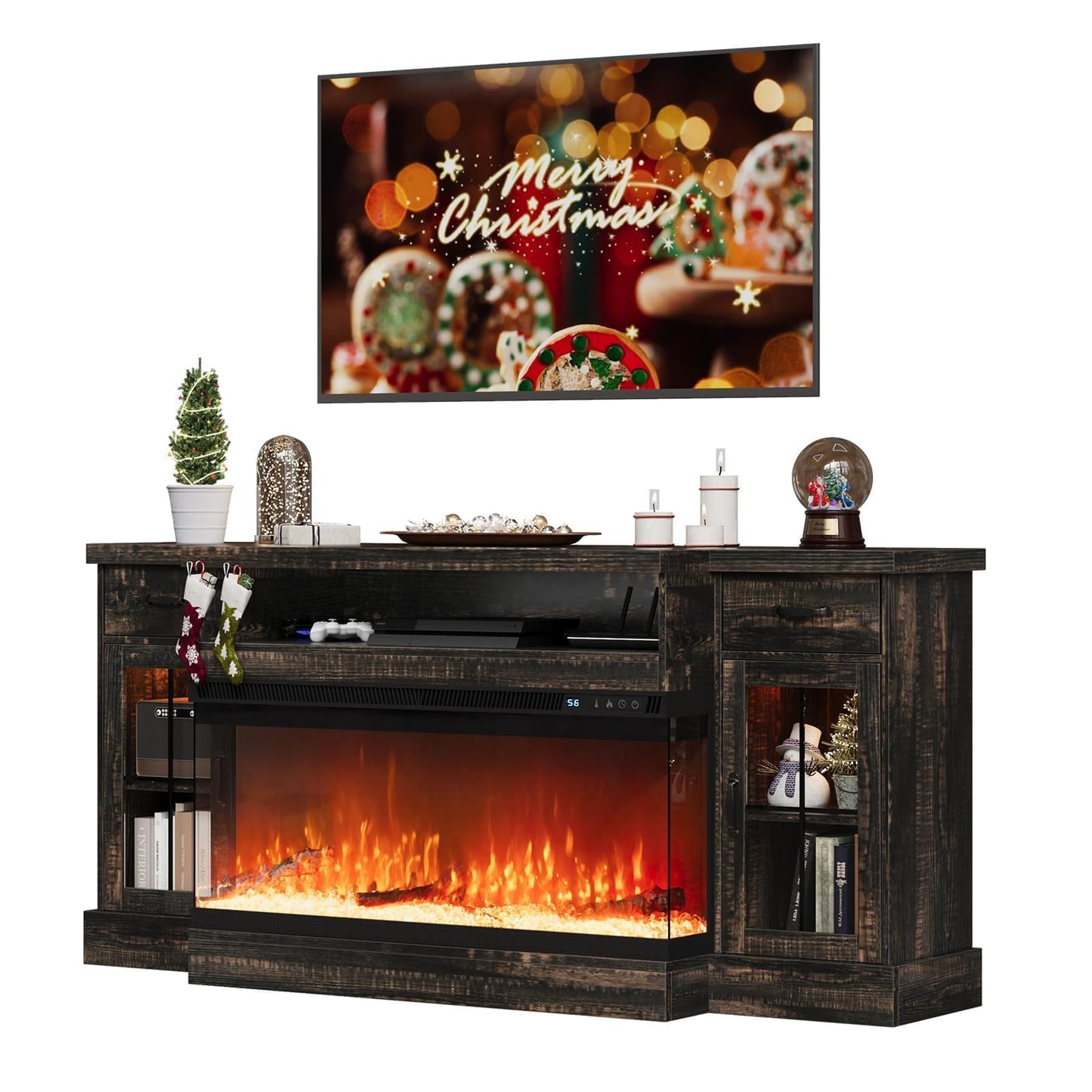 4 EVER WINNER Fireplace TV Stand with 40" Electric Fireplace for 80" TV, 70" Fireplace Entertainment Center with Adjustable Storage Cabinets, LED Lights, TV Consoles for Living Room, Rustic Oak