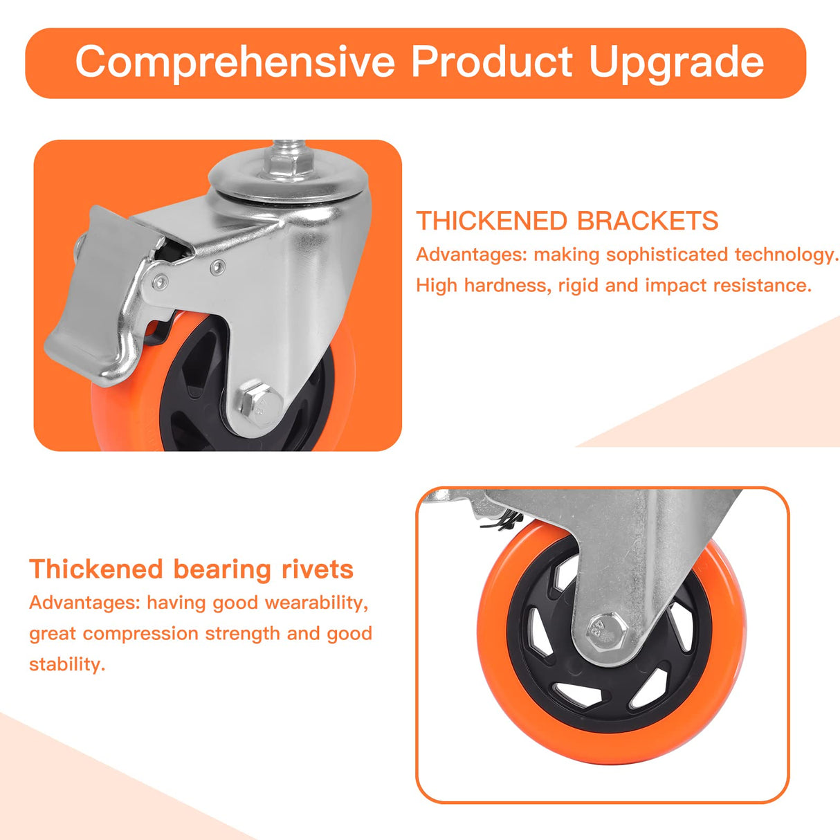 Stem Casters Heavy Duty Swivel Threaded Stem Caster Wheels with American Size 1/2''-13x1'' Thread Dual Locking Wheel with Brakes Pack of 4 (5 inch, with Brake) AOCHENLY