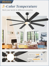 Fanbulous 72 Inch Ceiling Fans with Lights, Black Modern Ceiling Fan with Remote,Large Farmhouse Indoor & Outdoor Ceiling Fan with 8 Dual Finish Blades, Quiet DC Motor, Bright LED Light Fanbulous