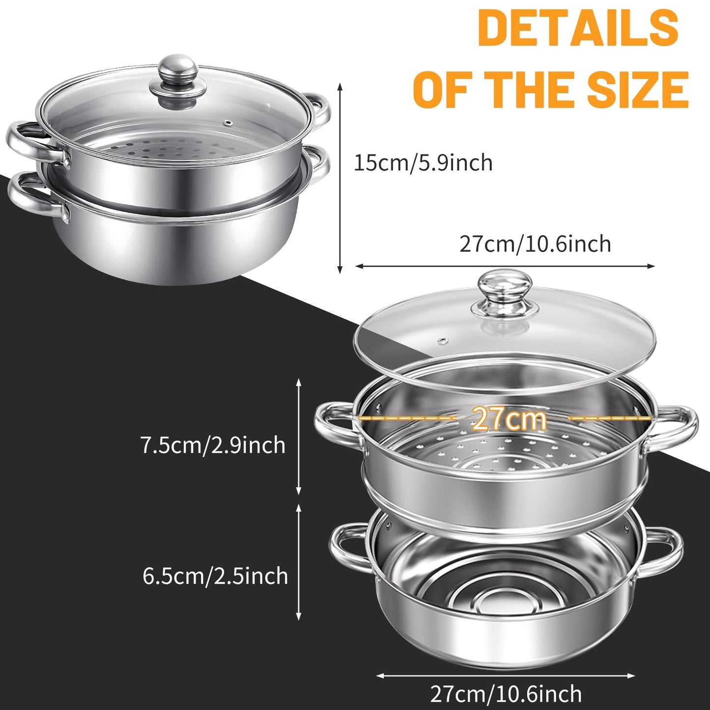 Steamer Pot Stainless Steel 2 Tier - 28cm Steamer Pot w/Glass Lid Food Veg Cooker Pot Cooking Pan Steaming Pot Dim Sum Cookware Steamer For Kitcken Cooking Tool