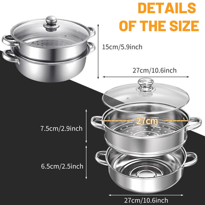 Steamer Pot Stainless Steel 2 Tier - 28cm Steamer Pot w/Glass Lid Food Veg Cooker Pot Cooking Pan Steaming Pot Dim Sum Cookware Steamer For Kitcken Cooking Tool