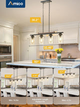Amico Dining Room Light Fixture 4-Light Kitchen Island Lighting with Adjustable Rods, Farmhouse Decor Black Metal & Wood Chandelier with Seeded Glass Shade, Island Lights for Kitchen Amico