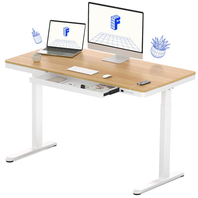 FLEXISPOT Comhar Electric Standing Desk with Drawers Charging USB Port, Height Adjustable 48" Whole-Piece Quick Install Home Office Computer Laptop Table with Storage (Maple Top + White Frame)
