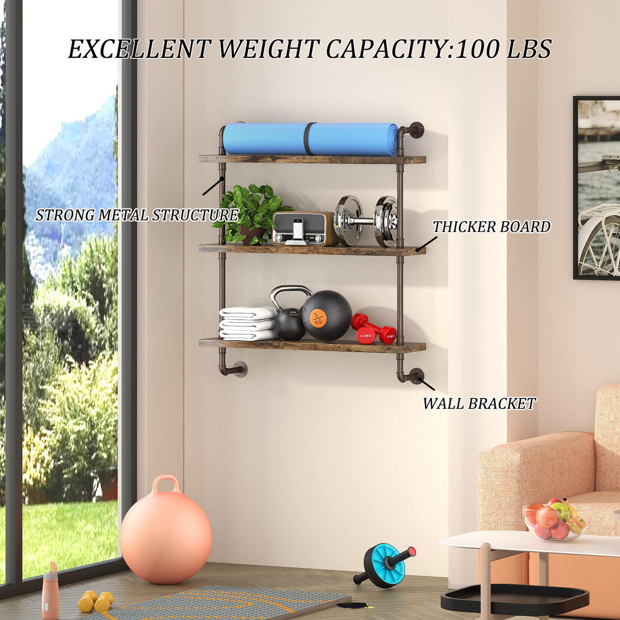 Helsin 3 Tier Industrial Pipe Shelf Rustic Wood Floating Shelves,Wall Display Bookshelf,Storage Rack Sundries Holder for Kitchen Office Bathroom Organization and Home Decor (24inch) Helsin