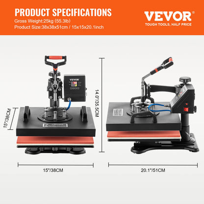 VEVOR Heat Press Machine - 6 in 1 Combo Heat Press Sublimation Machine for DIY T-Shirts/Hats/Mugs/Heat Transfer Projects, 15x15 Multifunction Swing Away Heat Press with 360° Rotation(Color May Vary)