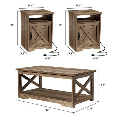 AMERLIFE 3-Piece Farmhouse Table Set Includes Coffee Table& Two End Tables, Side Table with Charging Station and USB Ports, for Living Room, Bedroom,Barnwood AMERLIFE