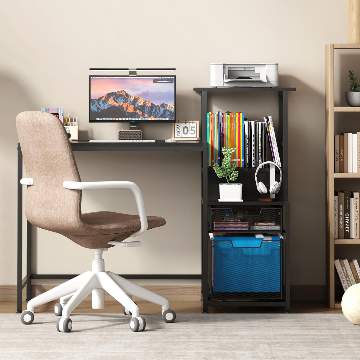 Sbanmao Computer Desk with Drawers and Storage Shelves, 47 Inch Home Office Desks with Mesh File Drawers Cabinet for Small Space,Gaming Study Writing Table for Bedroom,Black Sbanmao