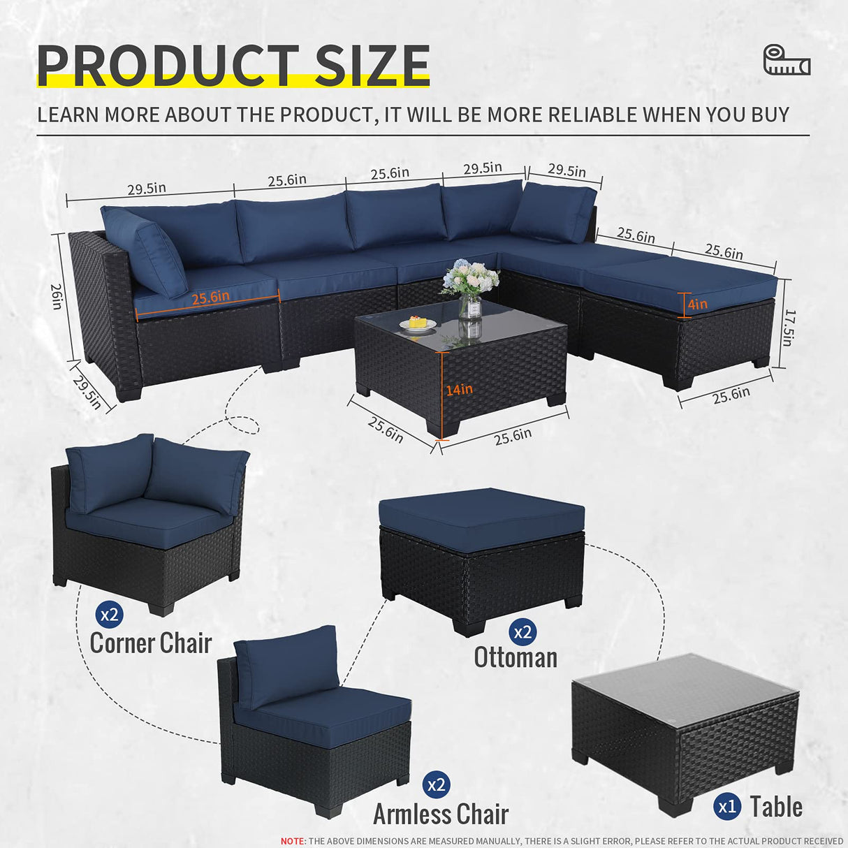 Lviden 7 Pieces Outdoor PE Wicker Furniture Set Patio Rattan Sectional Conversation Sofa Set with Navy Blue Cushions and Glass Top Table Lviden