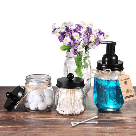 SheeChung Small Mason Jar, Glass Qtip Holder, Apothecary Jars with Lids, Bathroom Organizers and Storage, Bathroom Canister for Q-tips, Cottons, Floss, Balls, Cotton Swabs, Farmhouse Decor-Black SheeChung