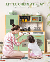 Babytronic Wooden Kitchen Playset for Kids, Interactive Play Kitchen with Lights & Sounds, Children Pretend Toy Kitchen Set with Faucet, Oven, Microwave, Kitchenware for Toddlers Ages 3+ (Green&Wood) Babytronic