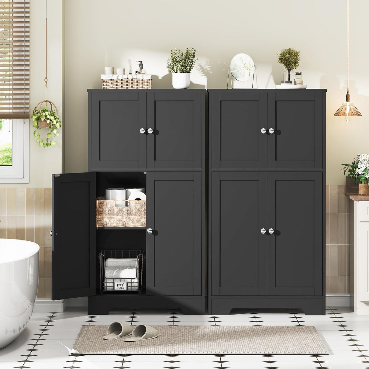 Iwell Natural Rattan Storage Cabinet with 4 Doors and Adjustable Shelf Iwell