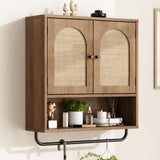 RUSTOWN Rattan Bathroom Wall Cabinet, Boho Medicine Cabinet with 2 Arched Doors, Farmhouse Over The Toilet Storage Cabinets with Adjustable Shelves & Towel Bar, 3-Tier Wall Mounted Cabinets RUSTOWN