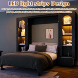 HSUFLWS Queen Size Murphy Bed with Shelves & Cabinets, Foldable Wall Bed with LED Lights, Drawers & Desk, Modern Space Saving Wooden Bed Frame, 500 lbs Capacity (Black) HSUFLWS