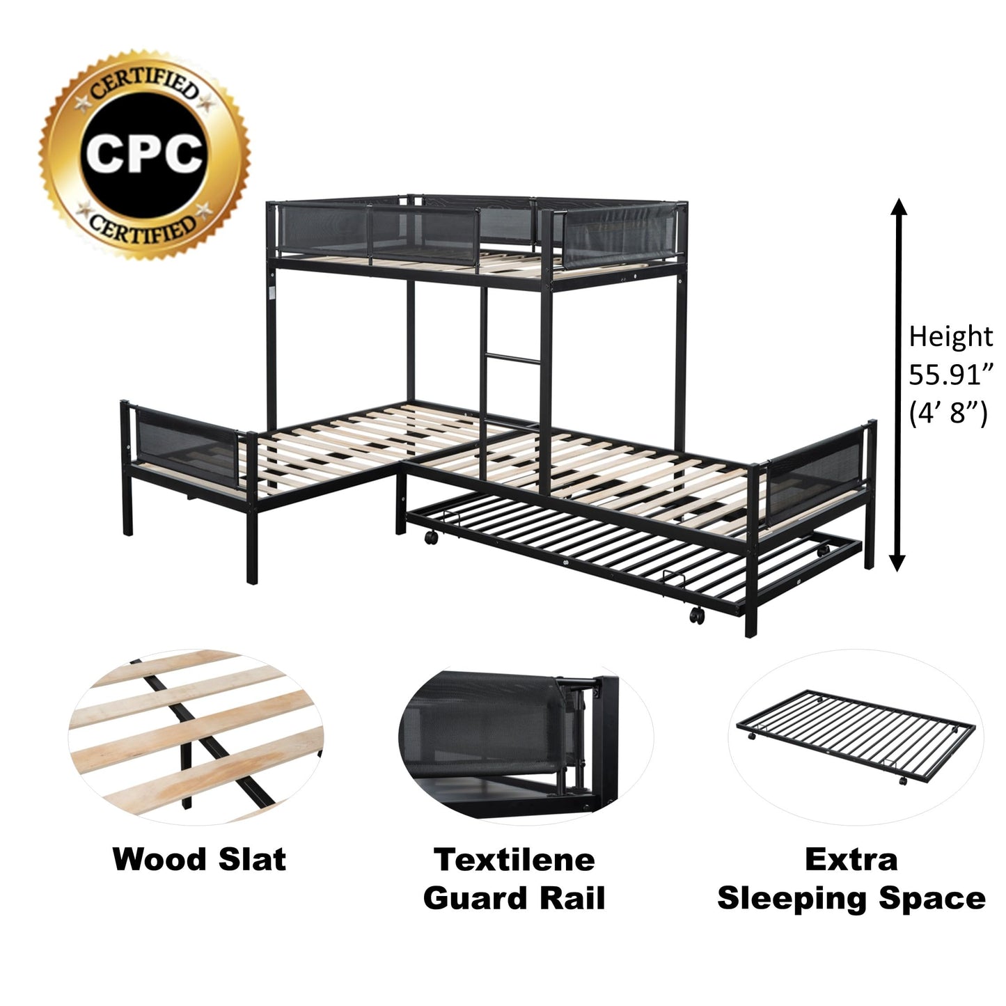 PVWIIK L-Shape Metal Triple Bunk Bed with Trundle for 4 Kids Adults,Sturdy Metal Frame w/Safety Textilene Guardrals for Kids Teens Adults,Noise Free No Box Spring Needed,Black