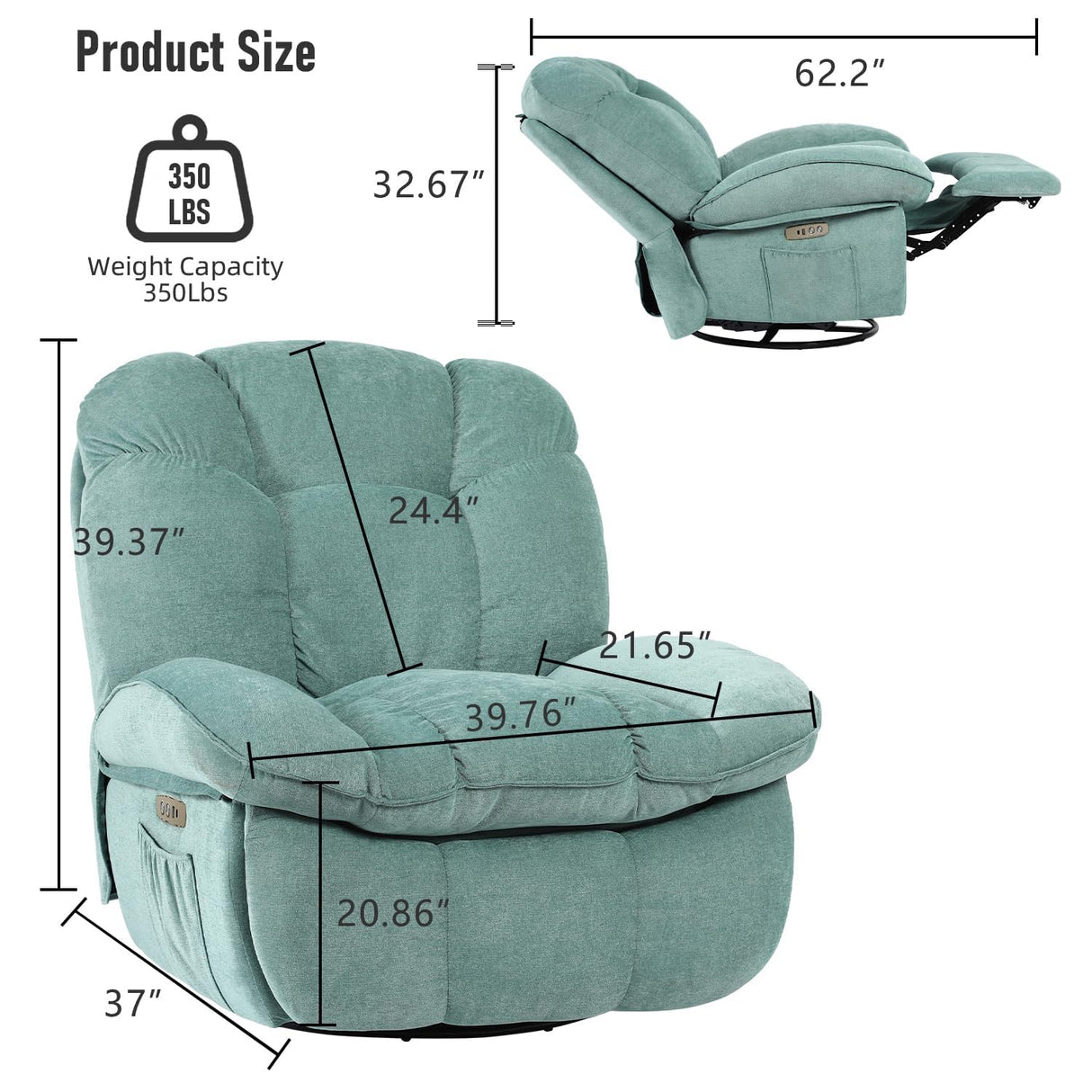 EDWELL Green Power Recliner Chair, Massage Rocker Recliner Chairs for Adults with Heated, Oversized Rocker Swivel Chairs for Living Room, Comfy Nursery Rocking Chairs with USB-C Ports and Side Pocket EDWELL