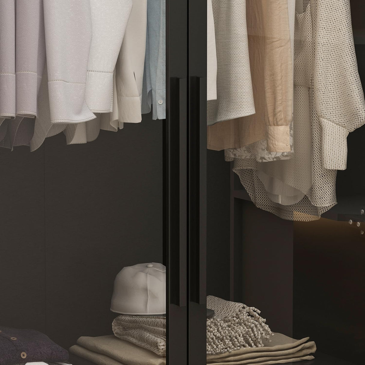 Hitow Wardrobe Cabinet with LED Lights, Armoire Closet with Glass Doors, Wooden Large Wardrobe with Hanging Rod & 5 Tiers Shelf, Modern Bedroom Armoire Clothes Organizer, Black 47.2" W Hitow