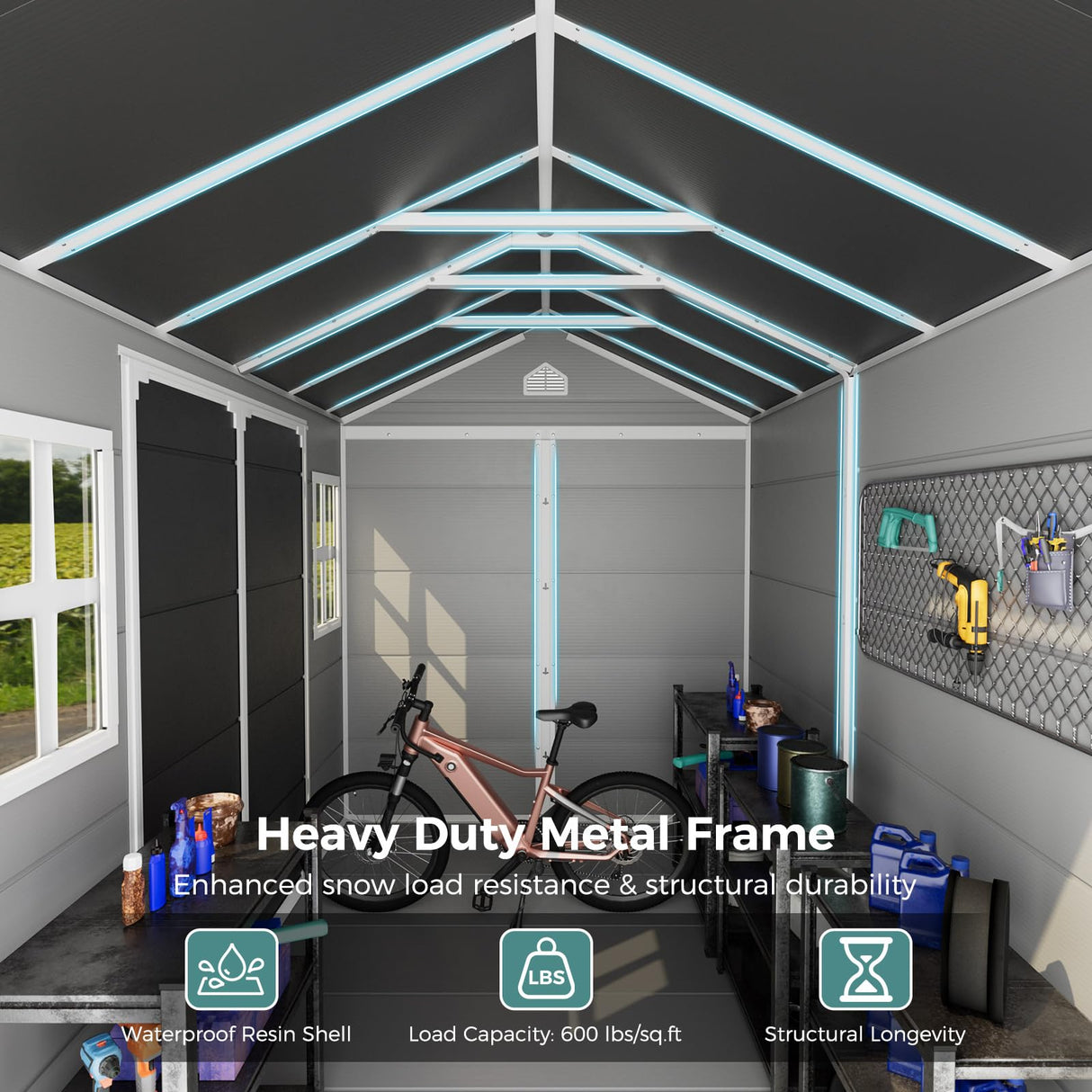 CDCASA 8x6X7 FT Resin Shed, Waterproof Large Outdoor Storage Shed with Floor & Lockable Door & 2 Windows, Plastic Tool Shed for Outside, Backyard, Patio, Poolside, Bike, Grey CDCASA