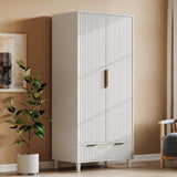 VINGLI Fluted Wardrobe Closet Armoire with Doors And Drawers, White Wardrobe Cabinet with Hanging Rack, Bedroom Closet Wood, Free Standing Armoire with Shelf and Solid Wood Legs, 31.5"W*19.7"D*69.3"H VINGLI