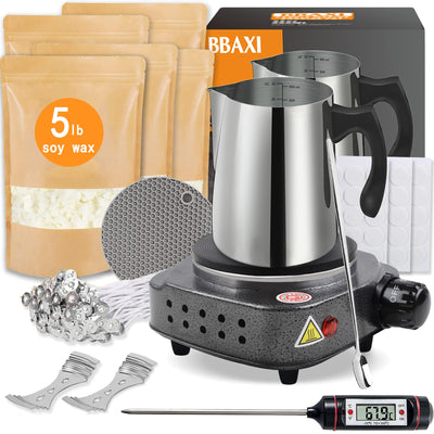 BBAXI Candle Making Kit with Hot Plate for Adults,Candle Wax Melter for Melting Wax,Including cadle Pot, Wax Melter hot Plate,5lb Soy Wax,Stain Spoon,Cotton Wicks,Center Devices,Wick,Thermometer.