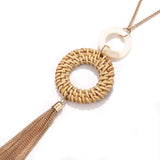Long Necklace and Rattan Earrings Set for Women Handmade Long Tassel Rattan Necklace Wicker Earring Lightweight Weave Statement Jewelry (Brown) UYT