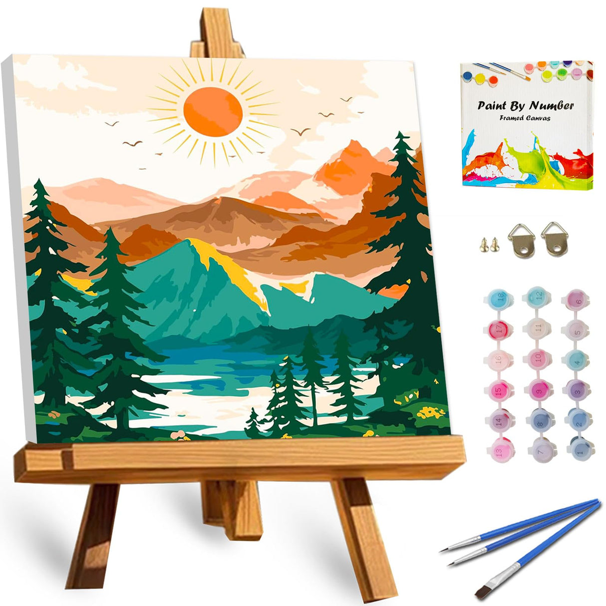 TOCARE Framed Paint by Numbers Kit for Adults Beginner, Sunset Mountains Paint by Number Framed,Easy Adult Paint by Number Kits on Canvas Framed (10x10 Inch, Without Easel) TOCARE