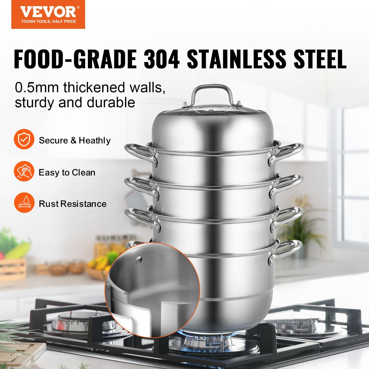 VEVOR Steamer Pot 11.8in/30cm, 5 Tier Steamer Pot for Cooking with 10QT Stock Pot, 3 Vegetable Steamers & 2 Steaming Trays, Food-Grade 304 Stainless Steel Food Steamer Cookware for Gas Electric Stove VEVOR