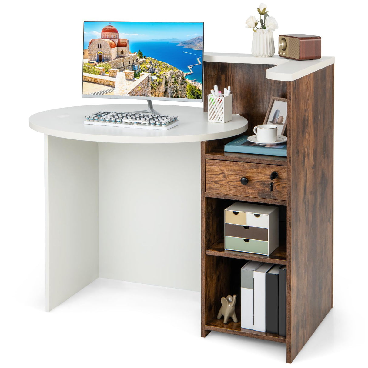 Tangkula Reception Desk, Front Counter Desk with Lockable Drawer & Adjustable Shelf, Oval Desktop, Retail Counter for Checkout, Computer Workstation for Salon Lobby Home Office Tangkula