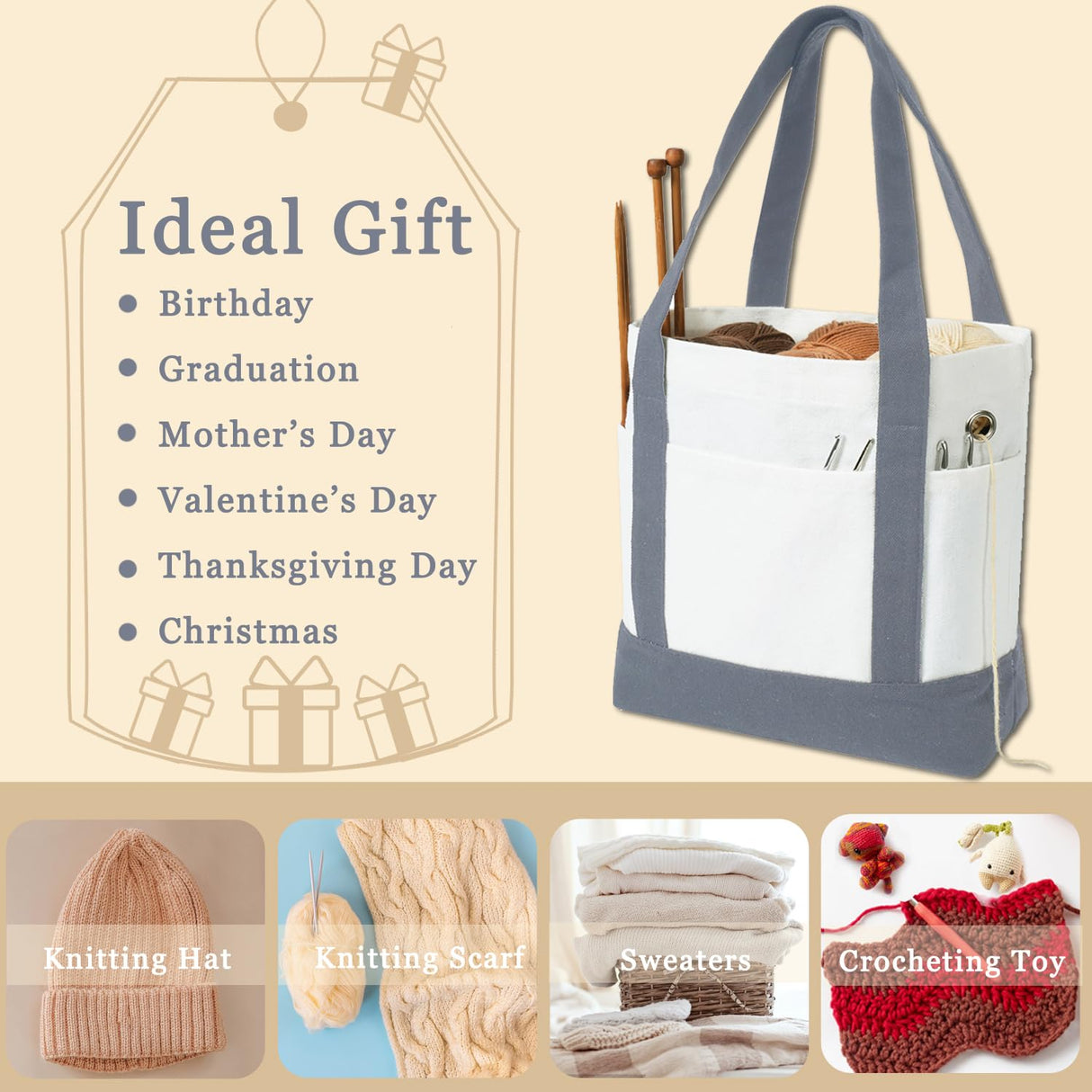 LeCorner Canvas Tote Yarn Bag Organizer, Lightweight Storage for Knitting, Portable Travel Bags and Totes, Crochet Accessories, Knitting Kit Holder LeCorner