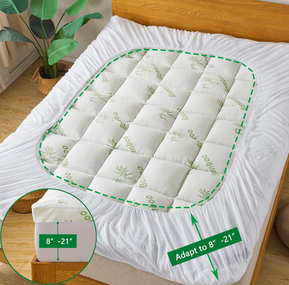 Bamboo_Viscose Mattress Topper King Size, Cooling Extra Thick Breathable Mattress pad, 8-21”Deep Pocket Soft Quilted Fitted Mattress Cover with Down Alternative Fill NALUKA