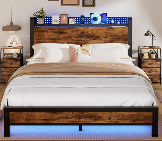 Furnulem Rustic Queen Platform Bed Frame with RGB LED Lights & Integrated Storage Headboard - WoodArtSupply