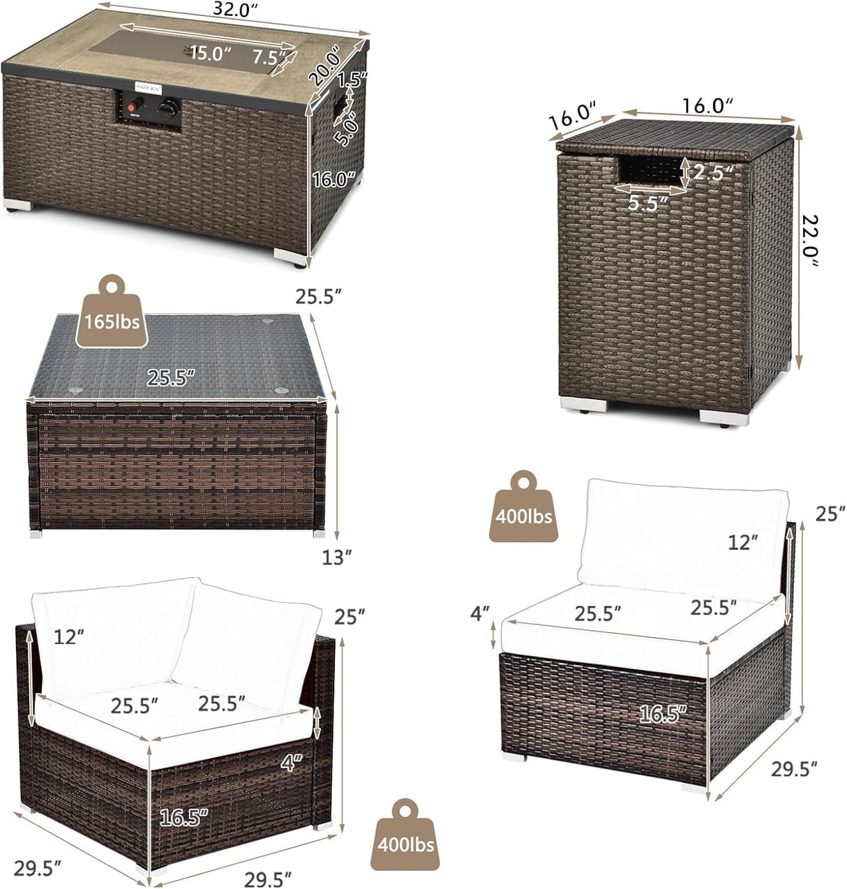 RELAX4LIFE 8-Piece Patio Furniture Set - Rattan Wicker Sectional Sofa Set w/Cushions, 32’’ Outdoor Gas Propane Fire Pit Table & Tank Holder, 40000 BTU Heat Output, PVC Cover for Firepit (Turquoise) RELAX4LIFE