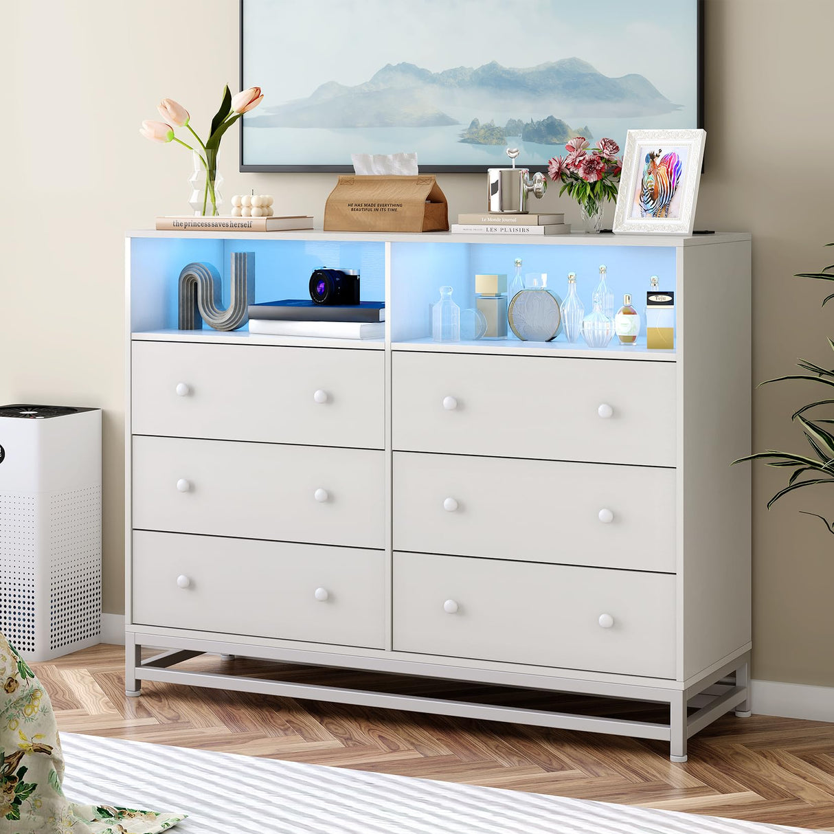 GarveeHome 6 Drawer Double Dresser TV Stand, Bedroom Dresser with Power Outlet & LED Light, Wood Dresser for Room, Hallway, White GarveeHome