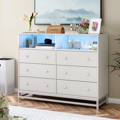 GarveeHome 6 Drawer Double Dresser TV Stand, Bedroom Dresser with Power Outlet & LED Light, Wood Dresser for Room, Hallway, White GarveeHome