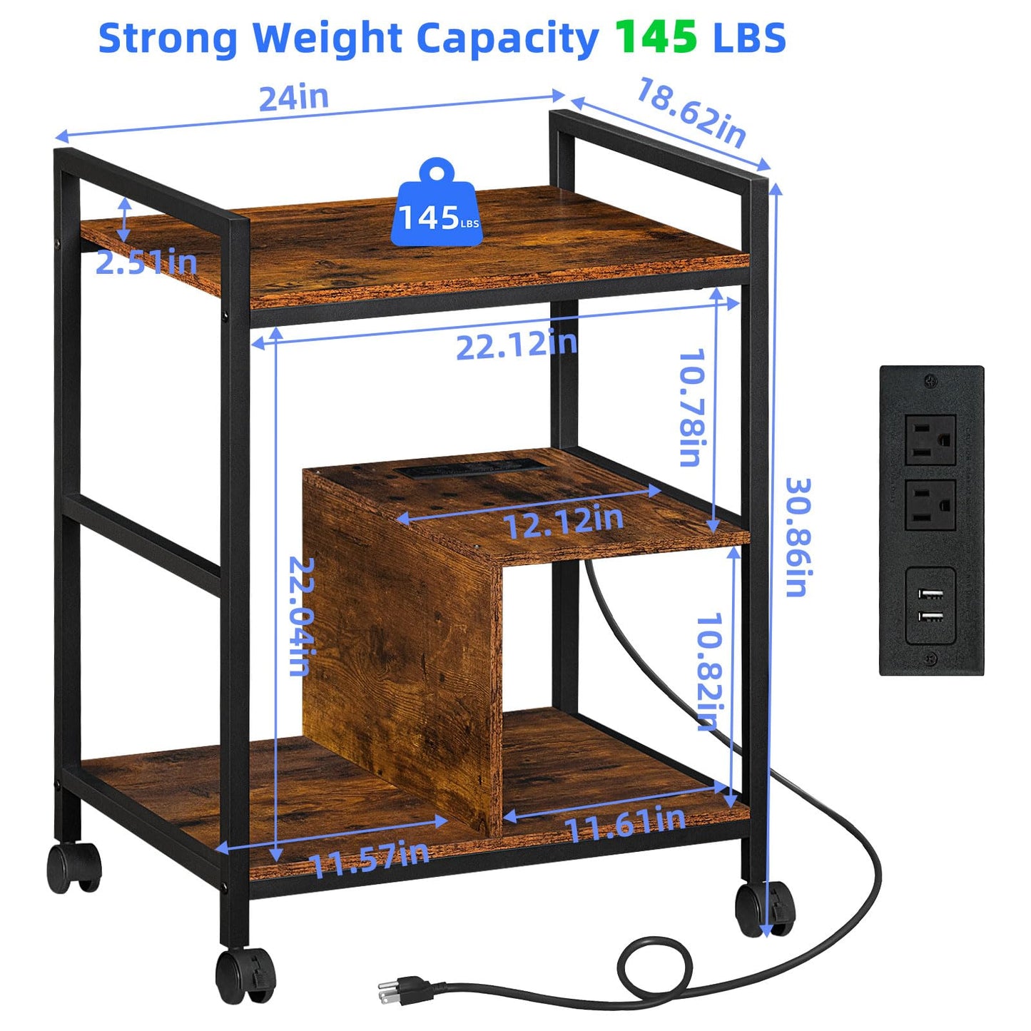 Lerliuo Printer Stand with Charging Station and USB Ports, Large 3-Tier Mobile Printer Table with Storage Shelf, Brown Rolling Industrial Printer Cart with Lockable Wheels for Home Office - WoodArtSupply