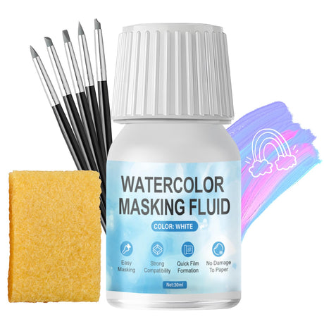 WANJAO Masking Fluid for Watercolor Painting, Liquid Masking Tape with Silicone Pens Cleaning Brush for Painting Fast Drying Easy Peel Use to Art Watercolor Supplies Retouching Covering, 30ml White WANJAO
