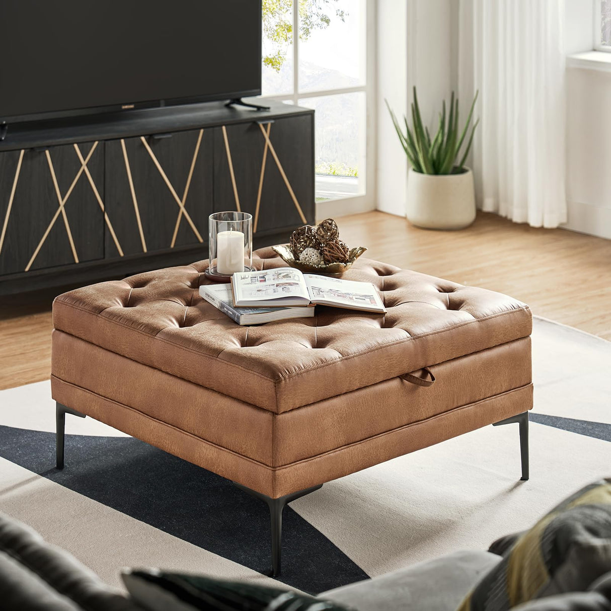 HULALA HOME Faux Leather Coffee Table, 36.5" Square Storage Ottoman with Metal Legs, Button-Tufted Coffee Table with Storage for Living Room, Camel HULALA HOME