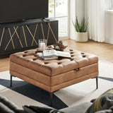 HULALA HOME Faux Leather Coffee Table, 36.5" Square Storage Ottoman with Metal Legs, Button-Tufted Coffee Table with Storage for Living Room, Camel HULALA HOME