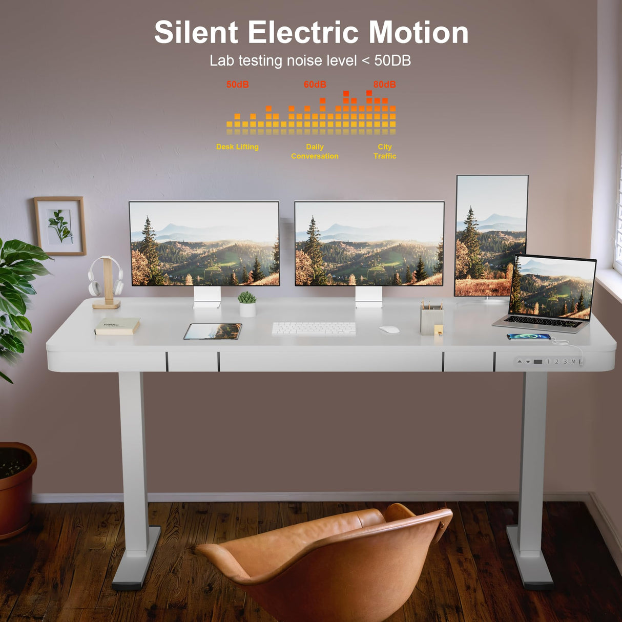 Furmax Electric Standing Desk with Drawer 55 x 24 Inch Adjustable Height Stand up Desk Home Office Computer Desk with USB Ports, White Furmax