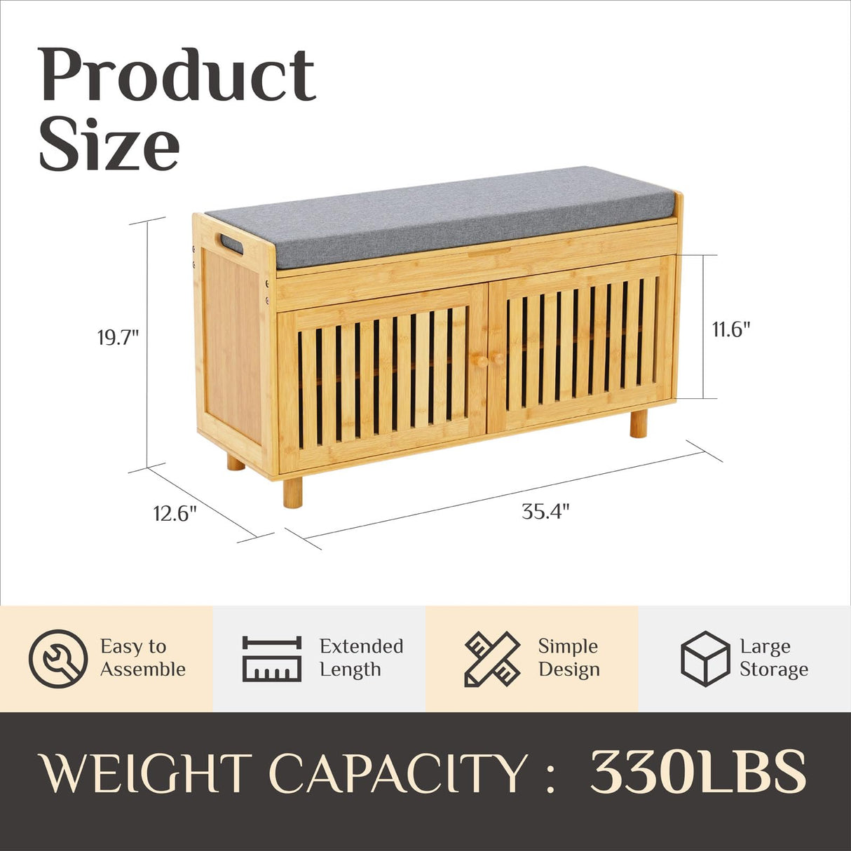 Shoe Storage Bench, Bamboo Entryway Bench with 2 Doors & Padded Seat Cushion, 2 Tier Shoe Rack, 35.4" W x 12.6" D x 19.7" H, Shoe Cabinet Organizer for Entryway, Living Room, Bedroom, Hallway, Nature oakvivo