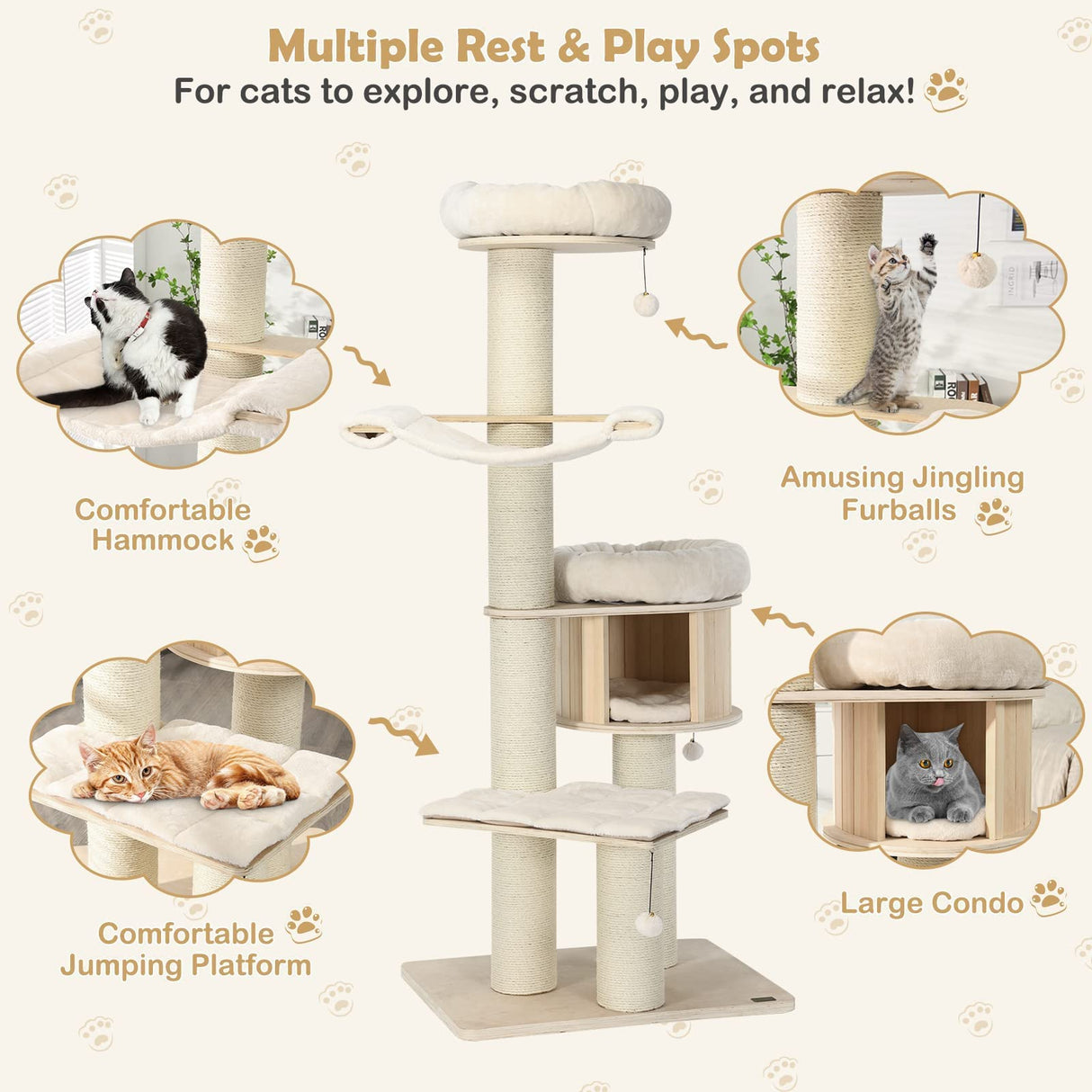 Tangkula Modern Cat Tree, Multi-Level Large Cat Tower w/Cat Condo, Hammocks & Hanging Basket, Tall Cat Tree w/Sisal Posts, Washable Cushions, Wood Cat Trees and Towers for Indoor Large Cats Tangkula