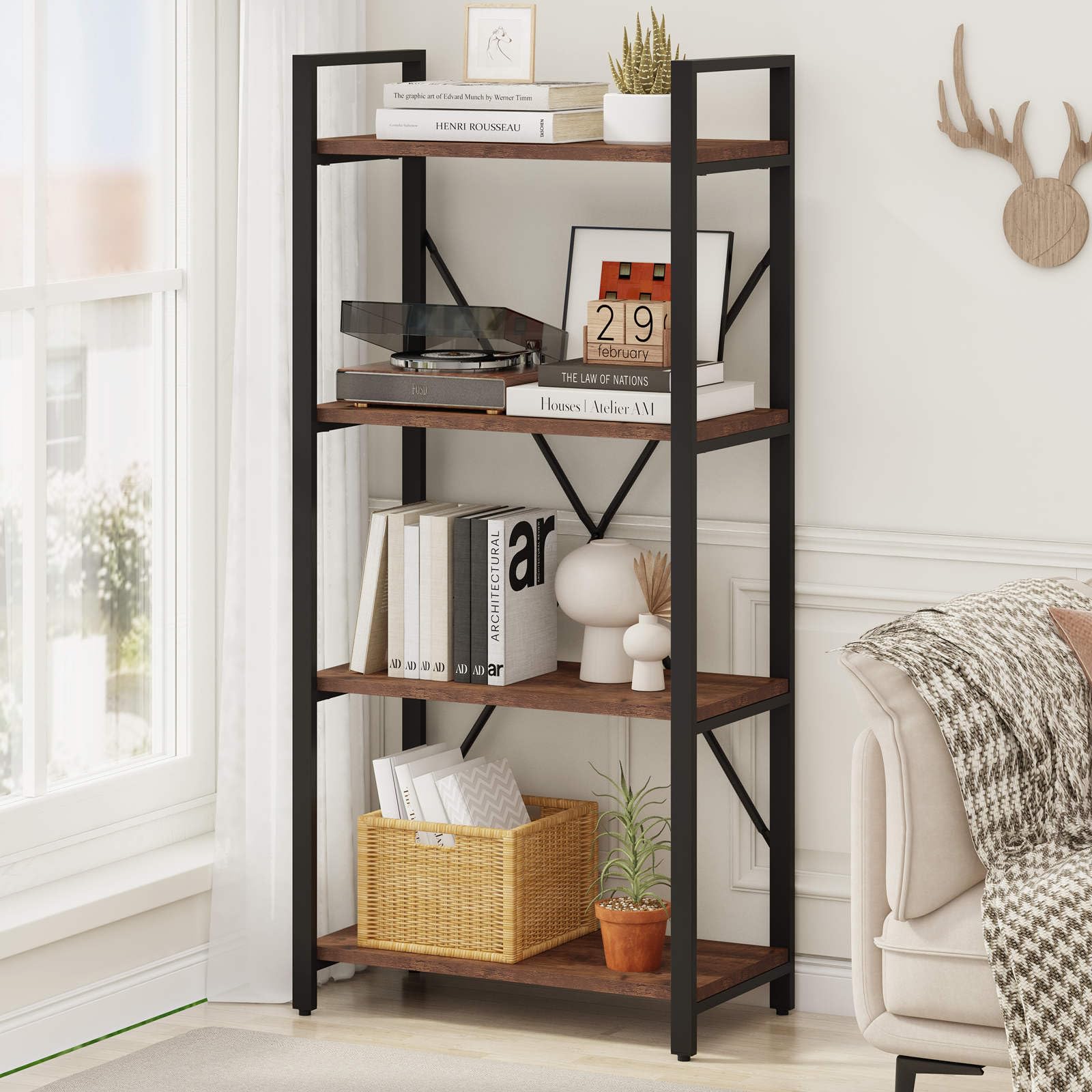 BON AUGURE Rustic Oak 4-Tier Industrial Bookshelf – Modern Open Etagere for Home and Office - WoodArtSupply