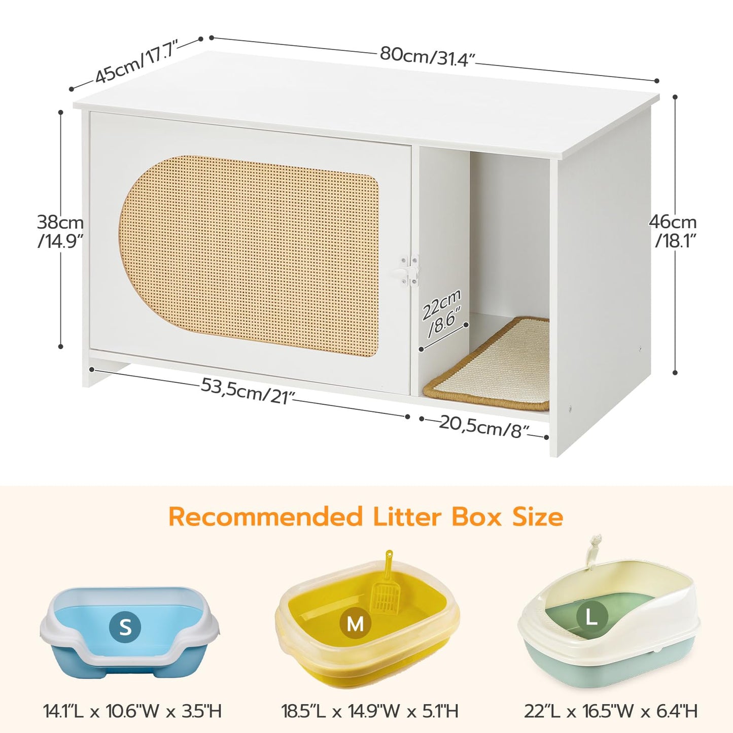 HOOBRO Cat Litter Box Enclosure with Rattan Door, Hidden Litter Box Furniture, Large Litter Box Enclosure with Adhesive Cat Scratching Mat, Coffee Table, 31.4" L x 17.7" W x 18.1" H, White WY18MW01