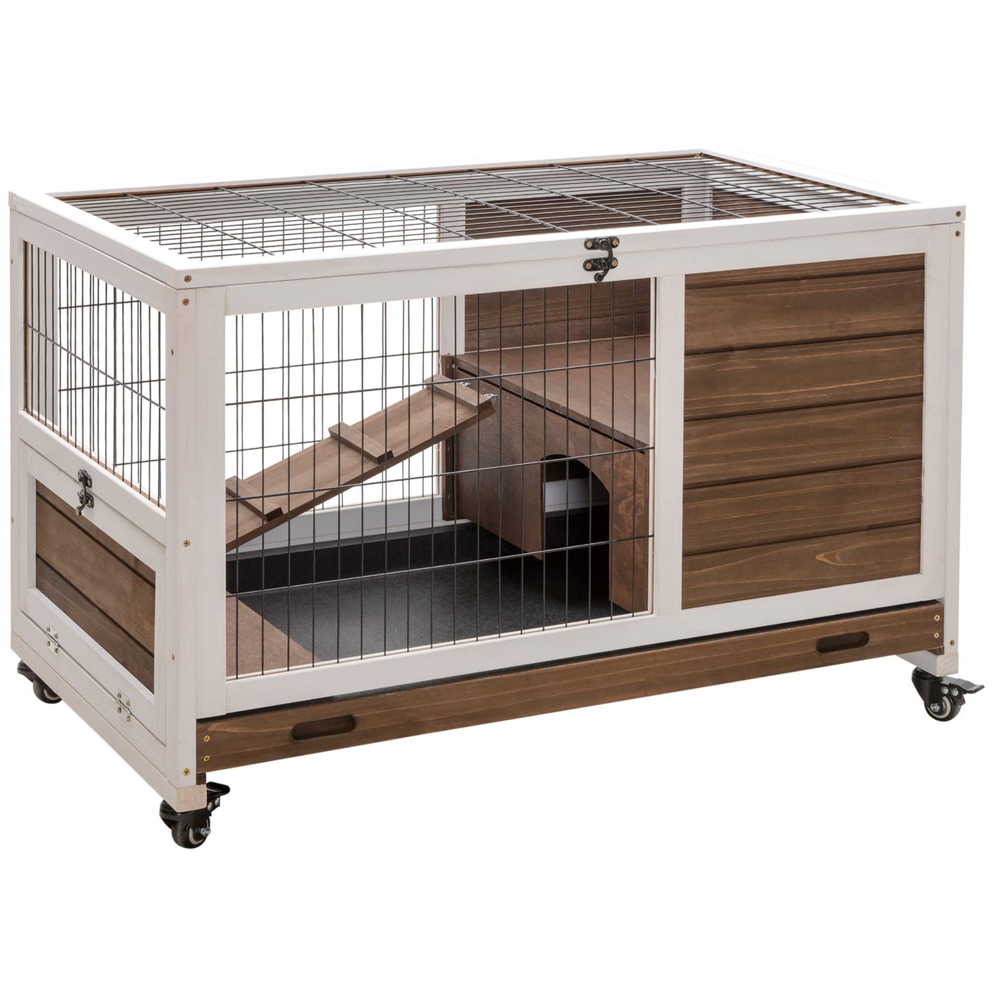 PawHut Wooden Indoor Rabbit Hutch Elevated Cage Habitat with No Leak Tray Enclosed Run with Wheels, Ideal for Rabbits and Guinea Pigs, Brown - WoodArtSupply