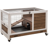 PawHut Wooden Indoor Rabbit Hutch Elevated Cage Habitat with No Leak Tray Enclosed Run with Wheels, Ideal for Rabbits and Guinea Pigs, Brown PawHut
