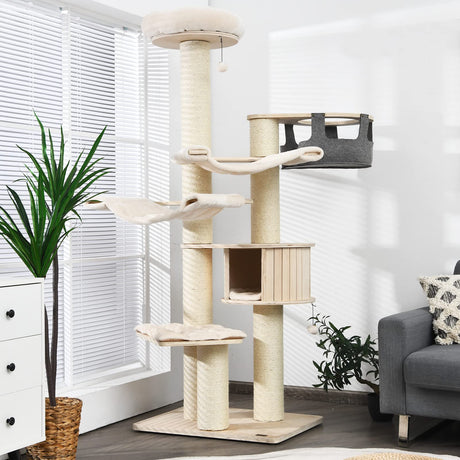 Tangkula Large Cat Tree, Multi-Level Tall Cat Tower with Sisal Scratching Posts, Hammocks, Hanging Basket, Cat Condo and Removable Washable Cushions, Modern Wood Cat Tree for Indoor Cats Large Adult Tangkula
